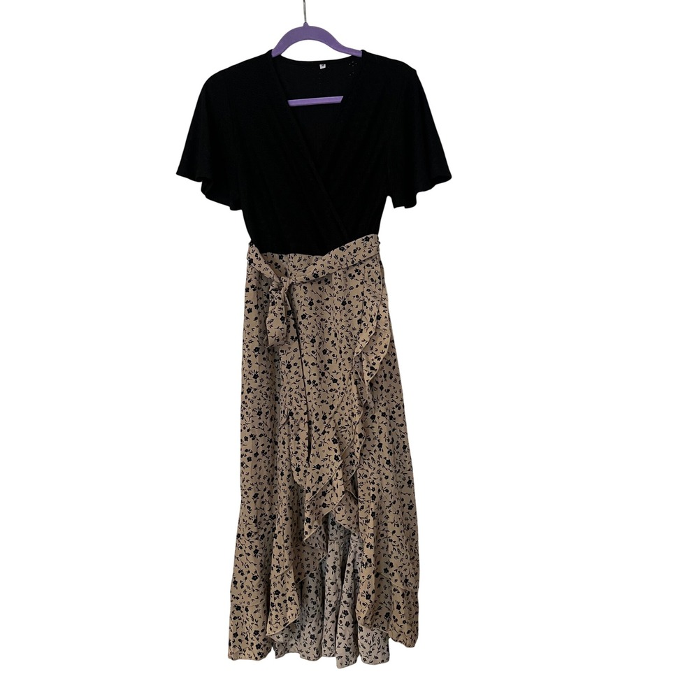 Mixed Media Floral Maxi Dress Black Tan V-Neck Ruffle High-Low Wrap Skirt Medium